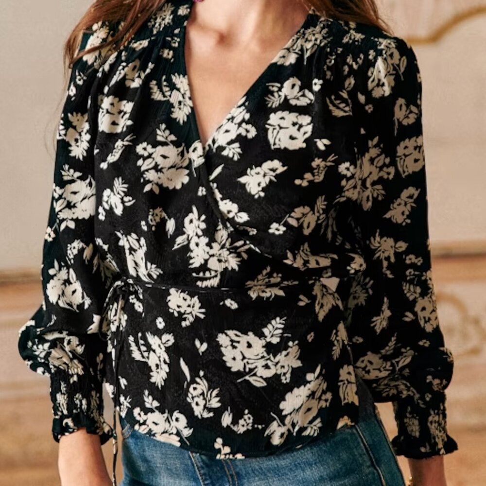 NWT Sezane Dafne Black Wrap Floral Blouse (US 8)